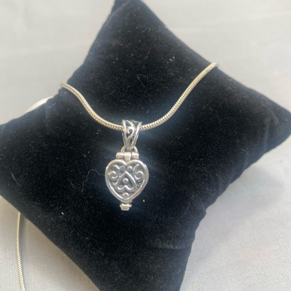 Sterling Silver IBB Filigree Heart Locket Pendant 19” Snake Chain Necklace